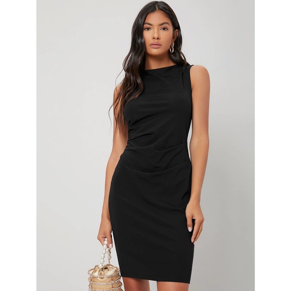 TANK SLEEVE FITTED GATHERED BODYCON DRESS BUSINESS CASUAL MINIMALIST blue - Picture 6 of 12